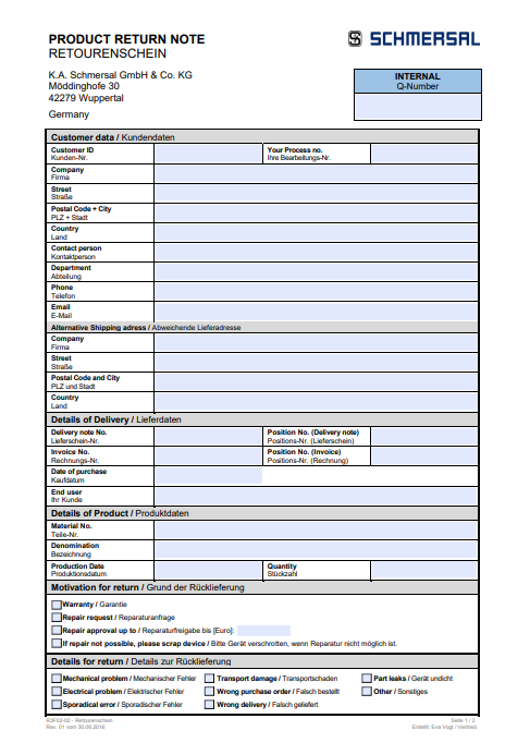 Schmersal general product return note Turkey