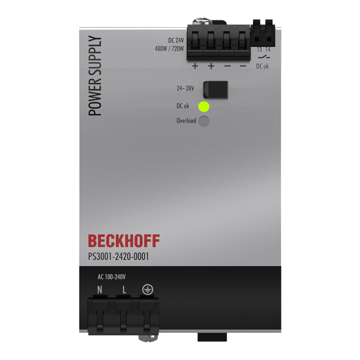Beckhoff PS3001-2420-0001 Power supply PS3000; output: 24 V DC, 20 A; input: AC 100…240 V/DC 110…150 V, 1-phase Turkiye